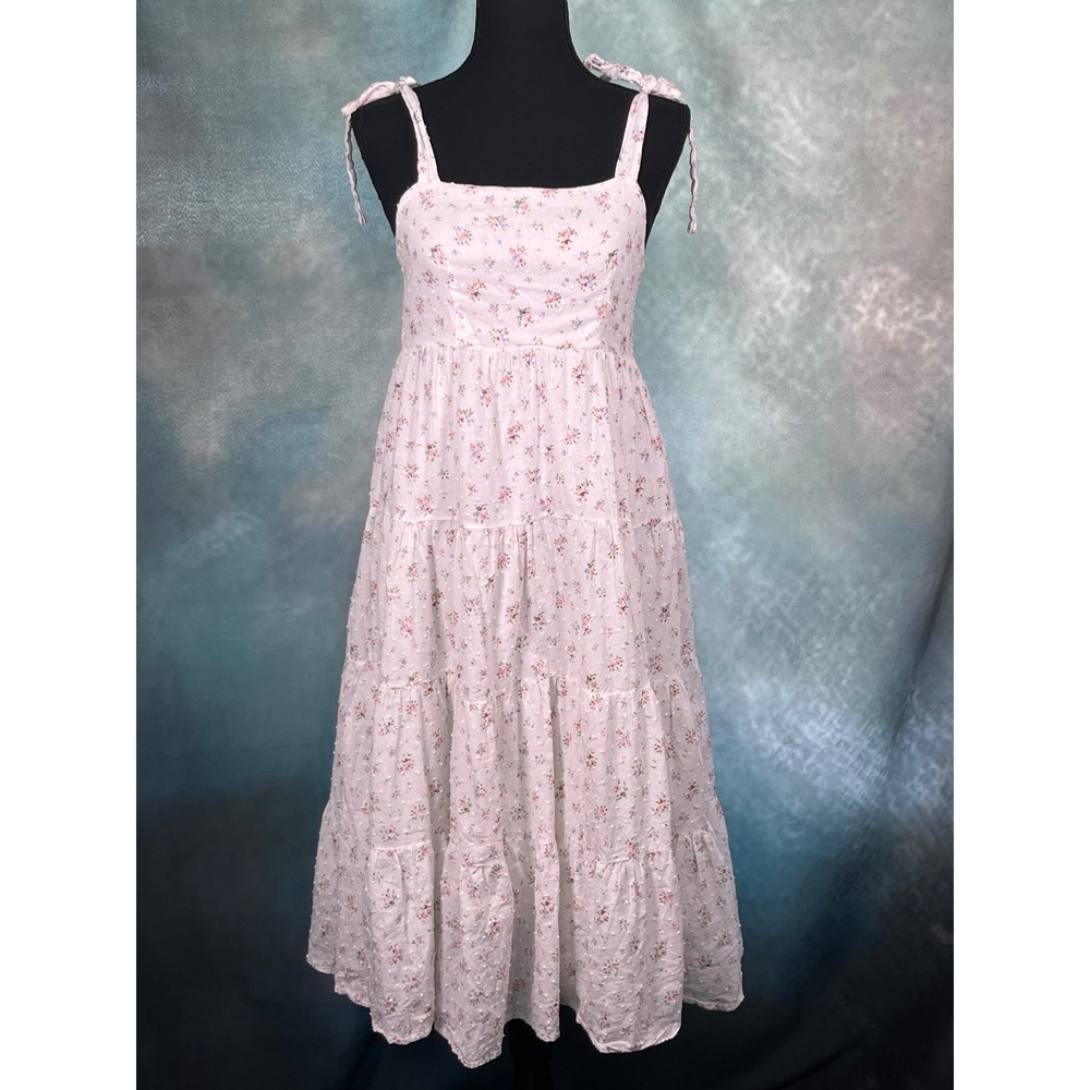 Storia Women White Floral Swiss Dot Tiered Midi Dress Tie‎ Shoulder Straps Small
